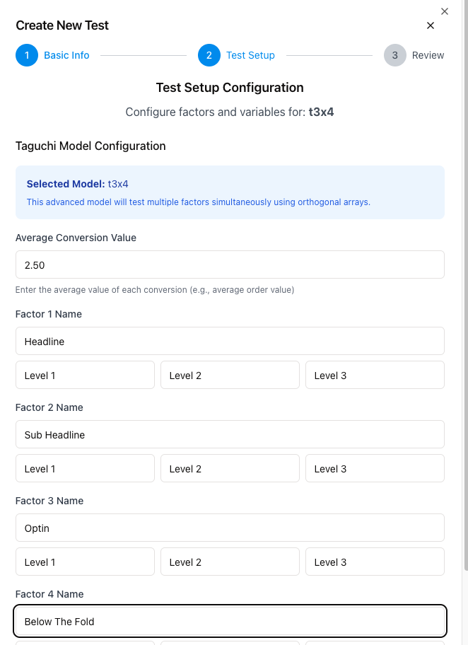 Taguchi Test Configuration